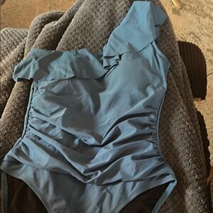 Blue One Piece Swimsuit with Ruching and V-Neck